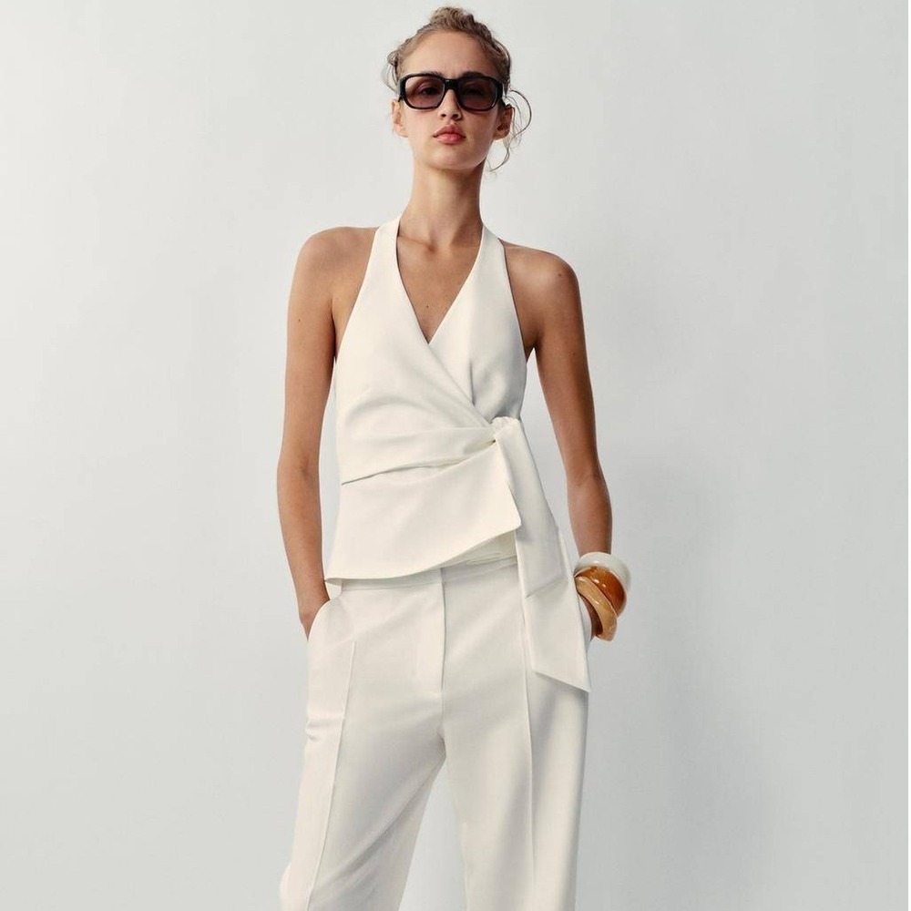 Zara Knotted Halter Neck Vest Waistcoat White Wrap Style Top Women's Small New